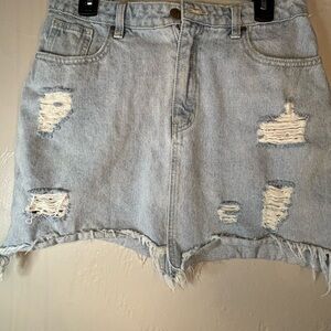 Light Wash Distressed Denim Mini Skirt